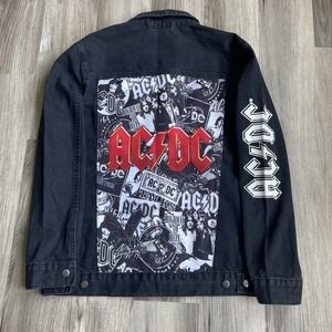 Womens AC/DC‎ Graphic Oversized Black Denim Jacket Size M Rock Punk Streetwear